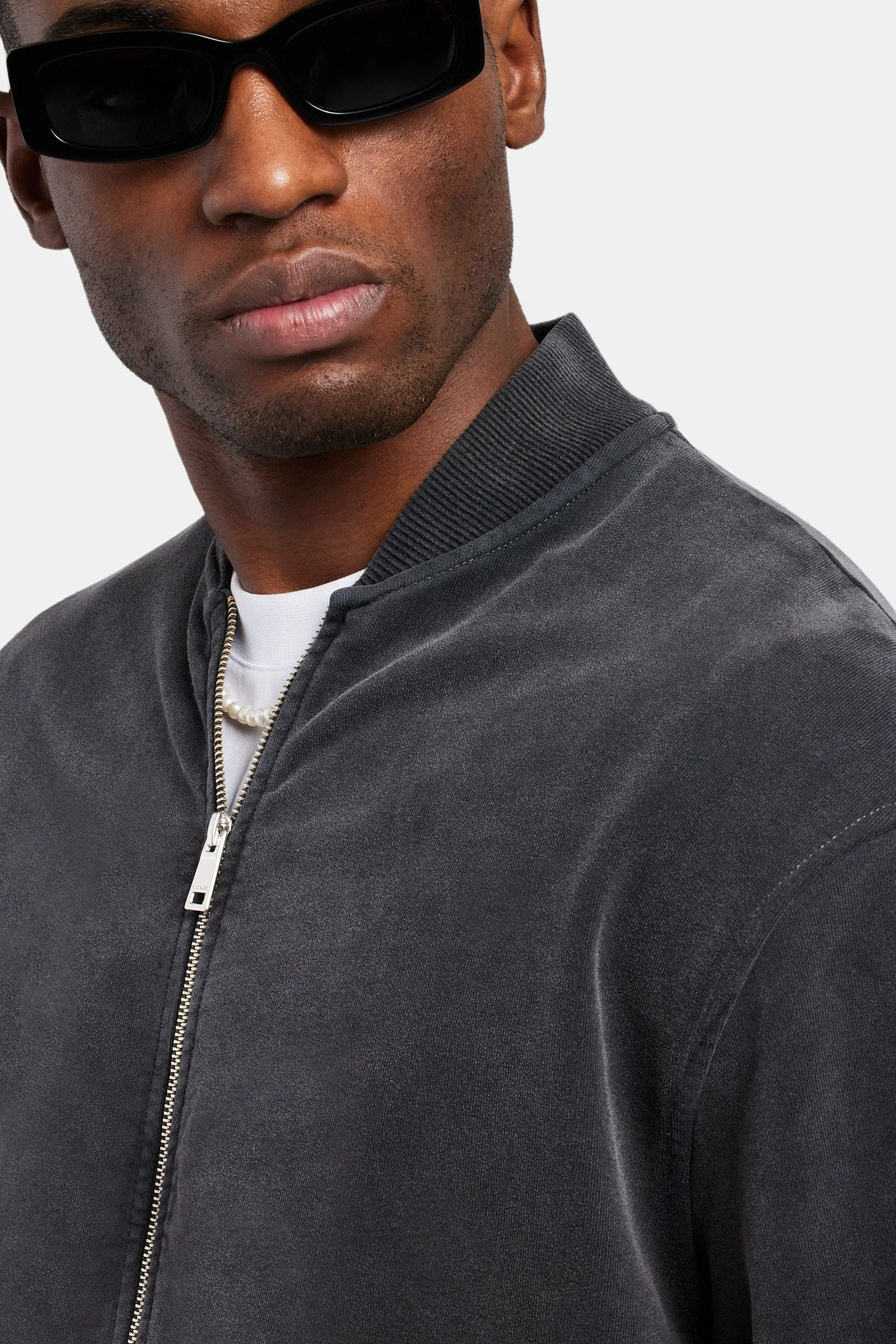 Acid Wash Jersey Bomber Zip Through - Charcoal