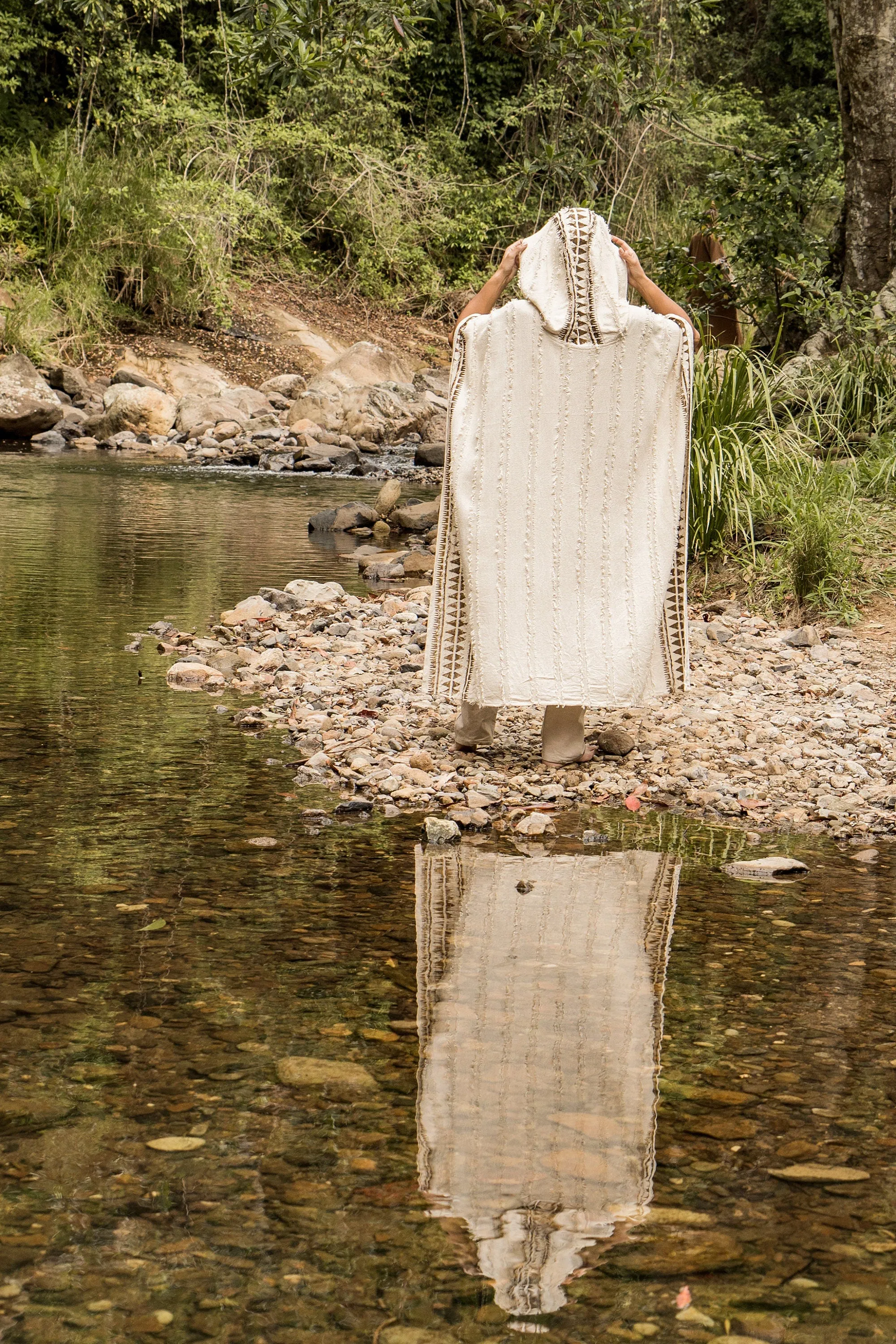 AKKAD Poncho Beige Handmade Ceremonial Hooded Hood Pockets Vegan Cotton Block Printed Tribal Patterns Naturally Dyed Festival Viking AJJAYA