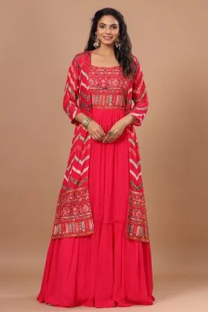 Alluring Rani Pink Resham Embroidered Dress with Cape