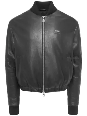 AMI Paris   Smooth leather logo bomber jacket 