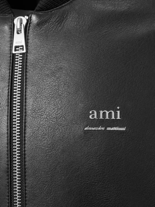 AMI Paris   Smooth leather logo bomber jacket 