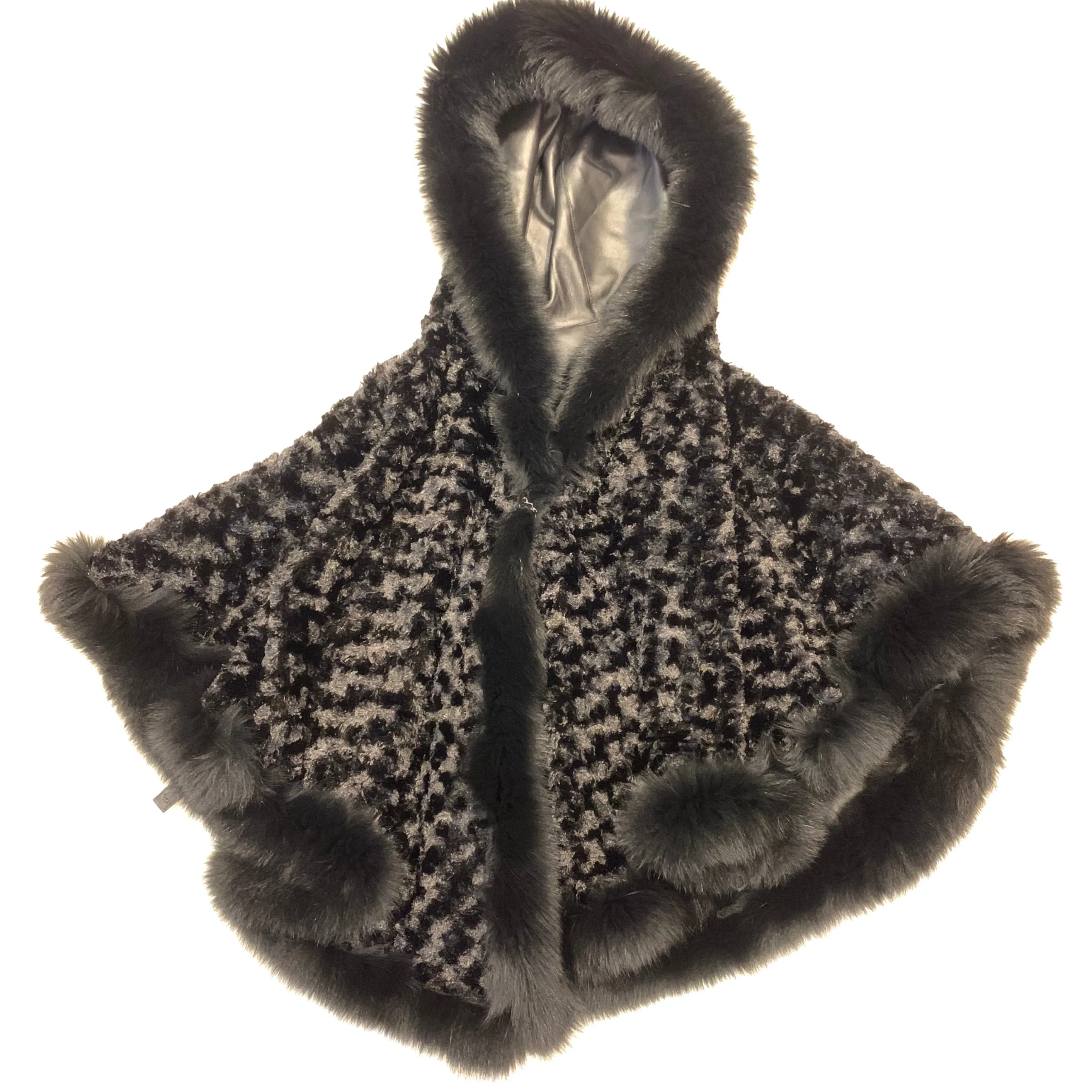 Barya NewYork Black Lambskin Hooded Fox Fur Reversible Poncho