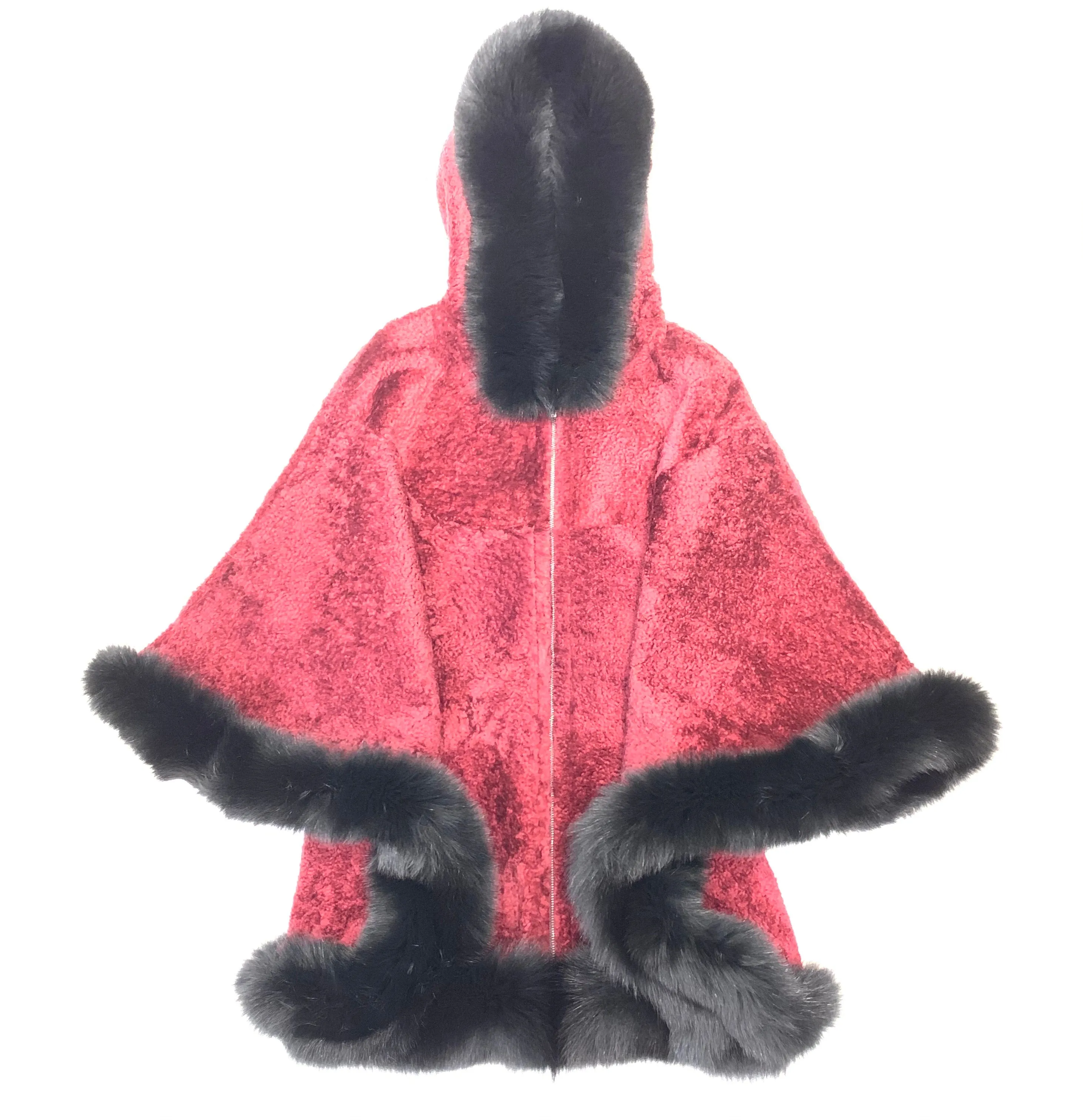 Barya NewYork Wine Wool Hooded Fox Fur Poncho