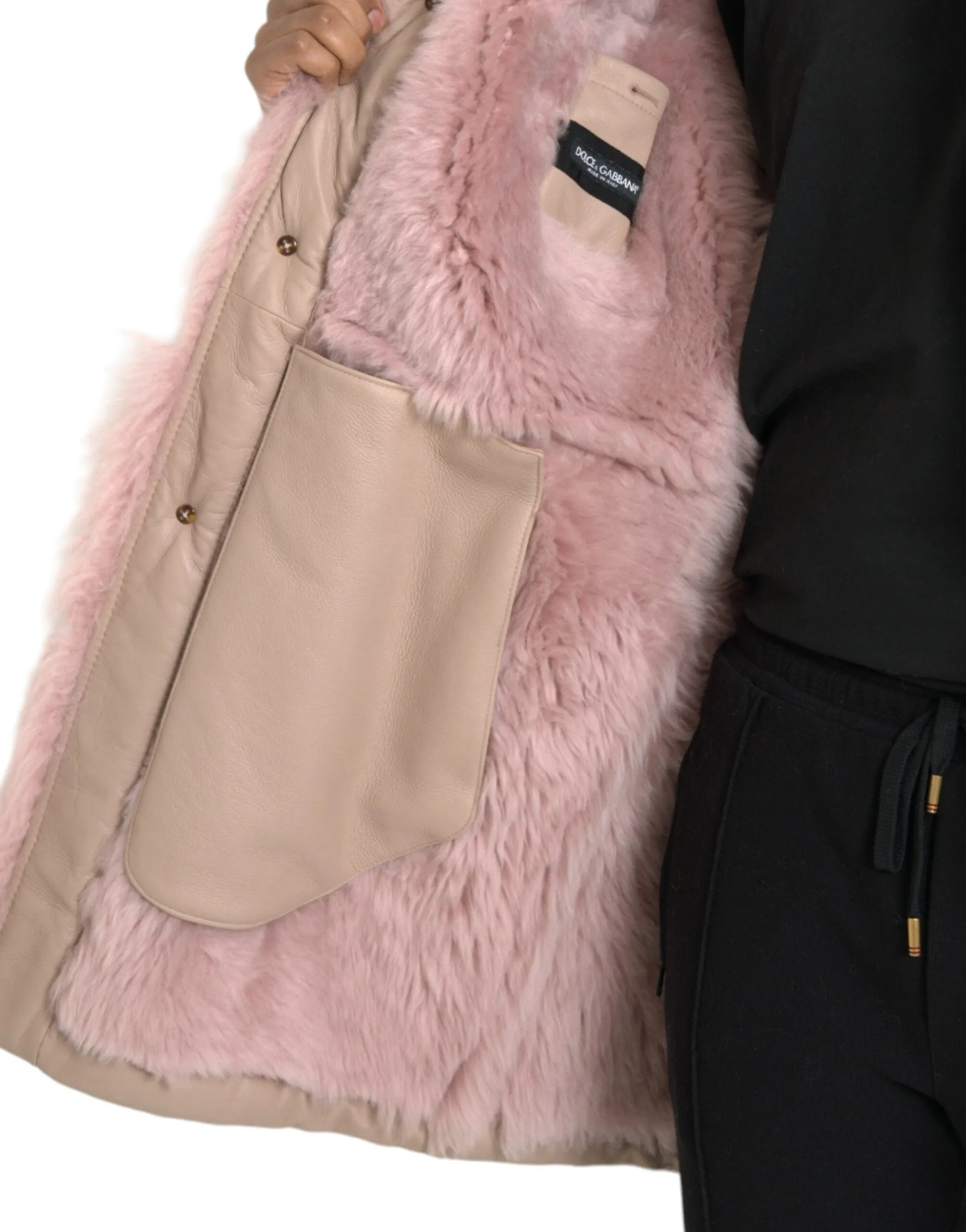 Beige Pink Lamb Leather Shearling Coat Jacket