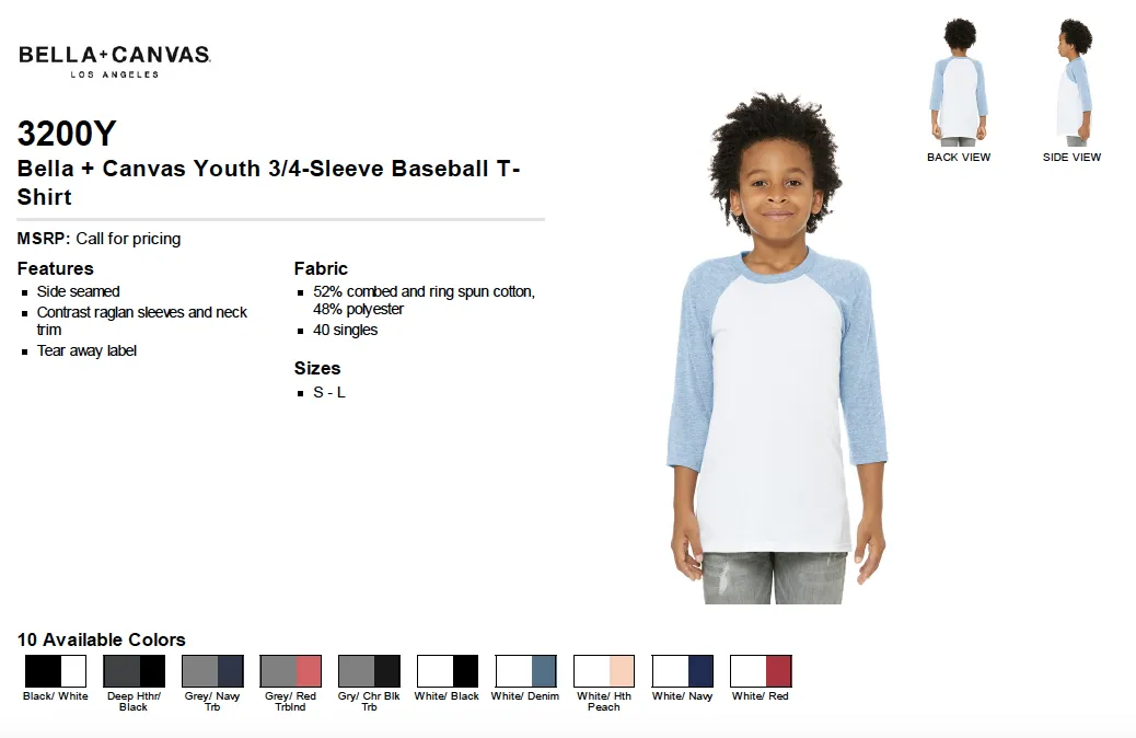 Bella Canvas Youth 3/4 Sleeve Baseball Raglan