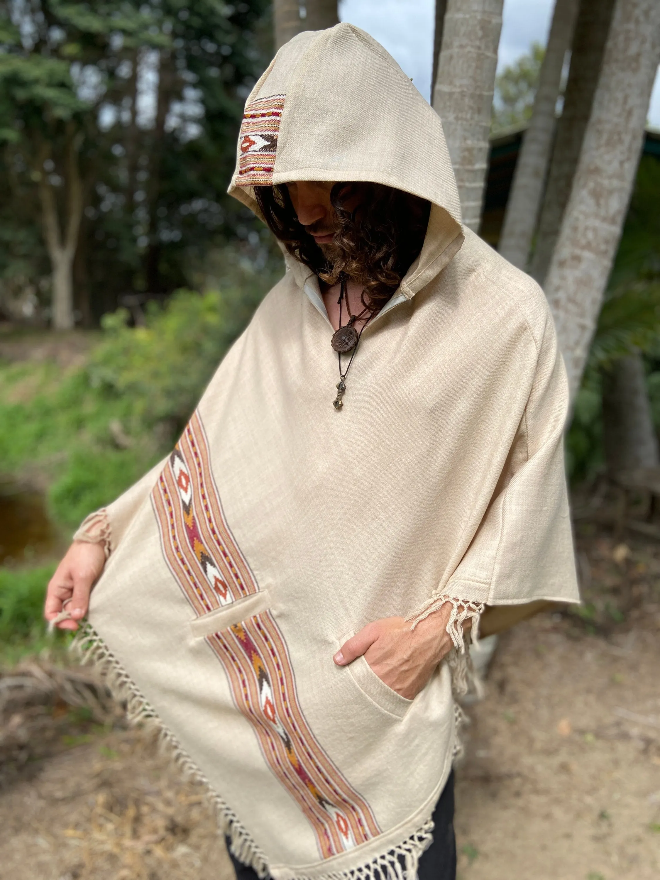 BHAVA Hooded Poncho Cream Beige Handwoven Wool Premium Pure Cashmere Hood Zen Embroidery Boho Gypsy Festival Mexican Aztec Celtic AJJAYA