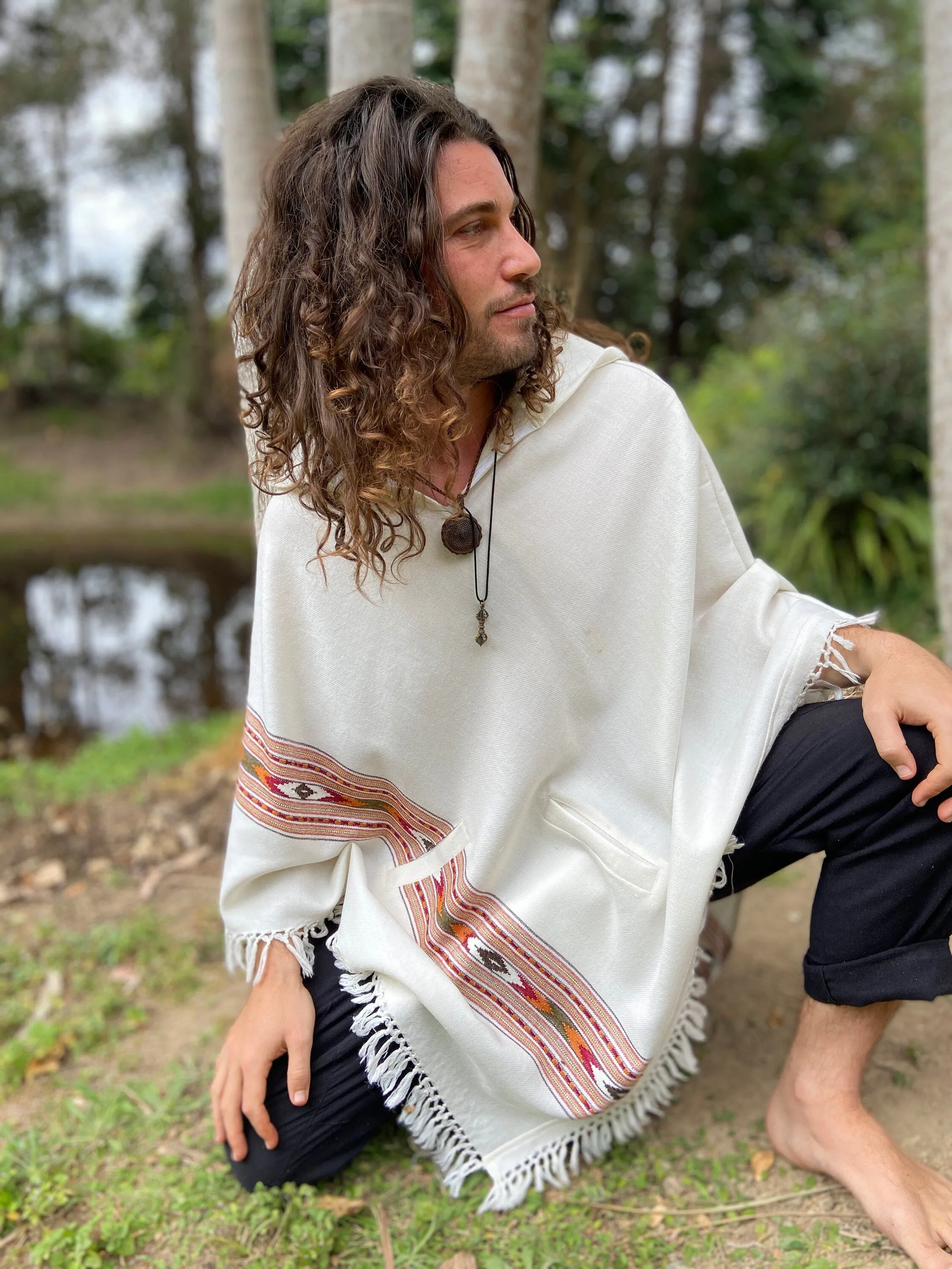 BHAVA Hooded Poncho White Handwoven Wool Premium Pure Cashmere Hood Pockets Zen Embroidery Boho Gypsy Festival Mexican Aztec Celtic AJJAYA