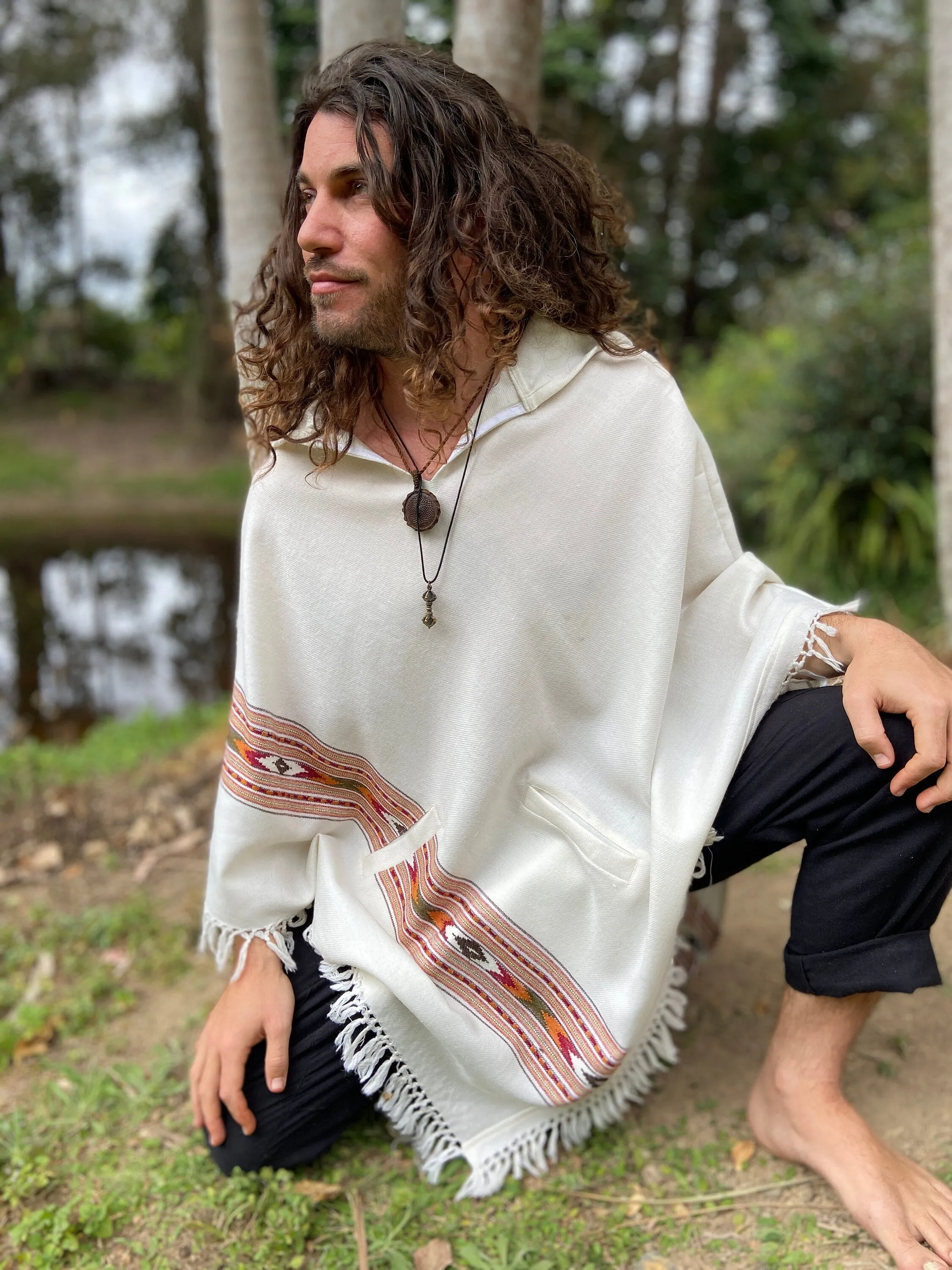 BHAVA Hooded Poncho White Handwoven Wool Premium Pure Cashmere Hood Pockets Zen Embroidery Boho Gypsy Festival Mexican Aztec Celtic AJJAYA