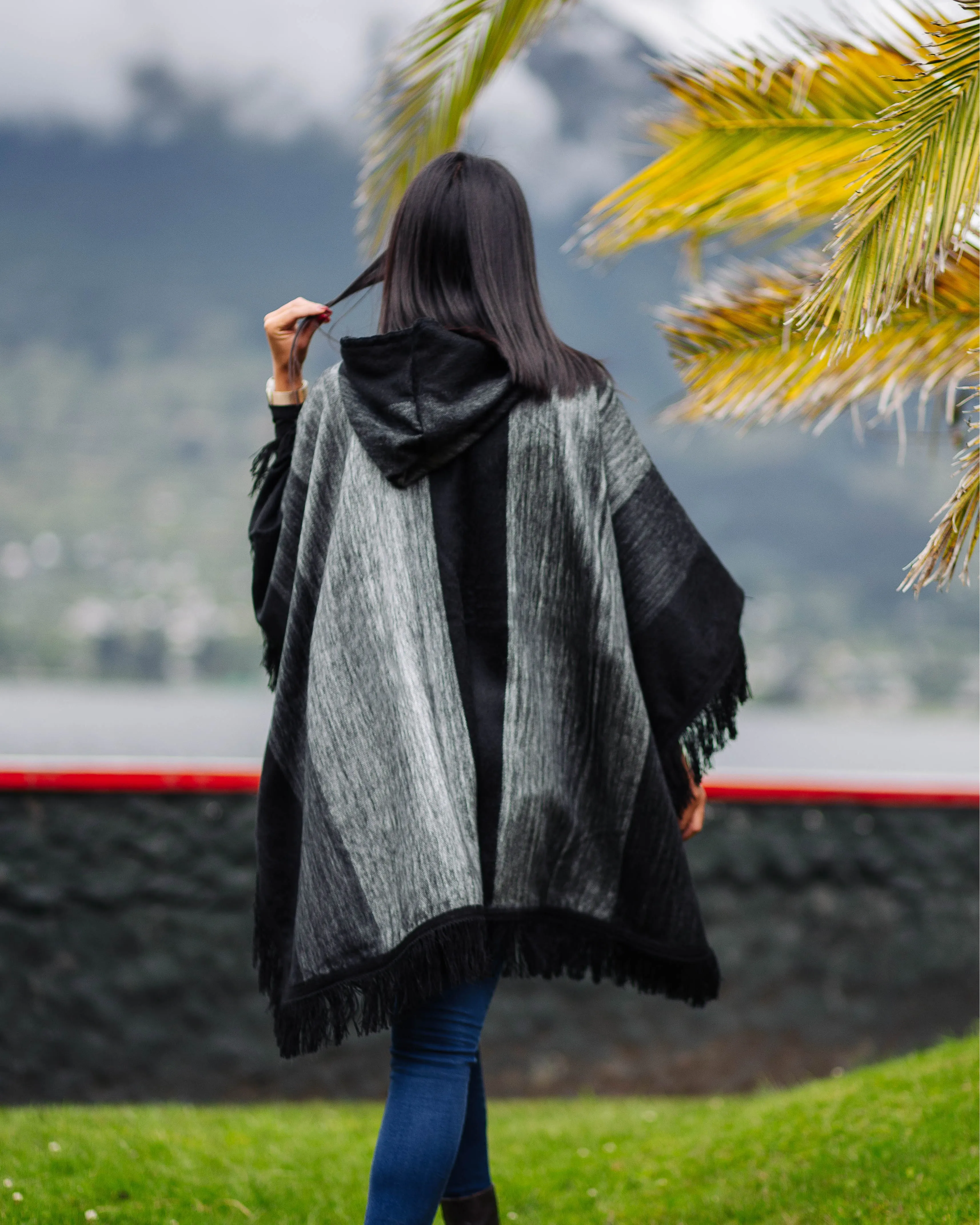 Black Alpaca Poncho With Hood