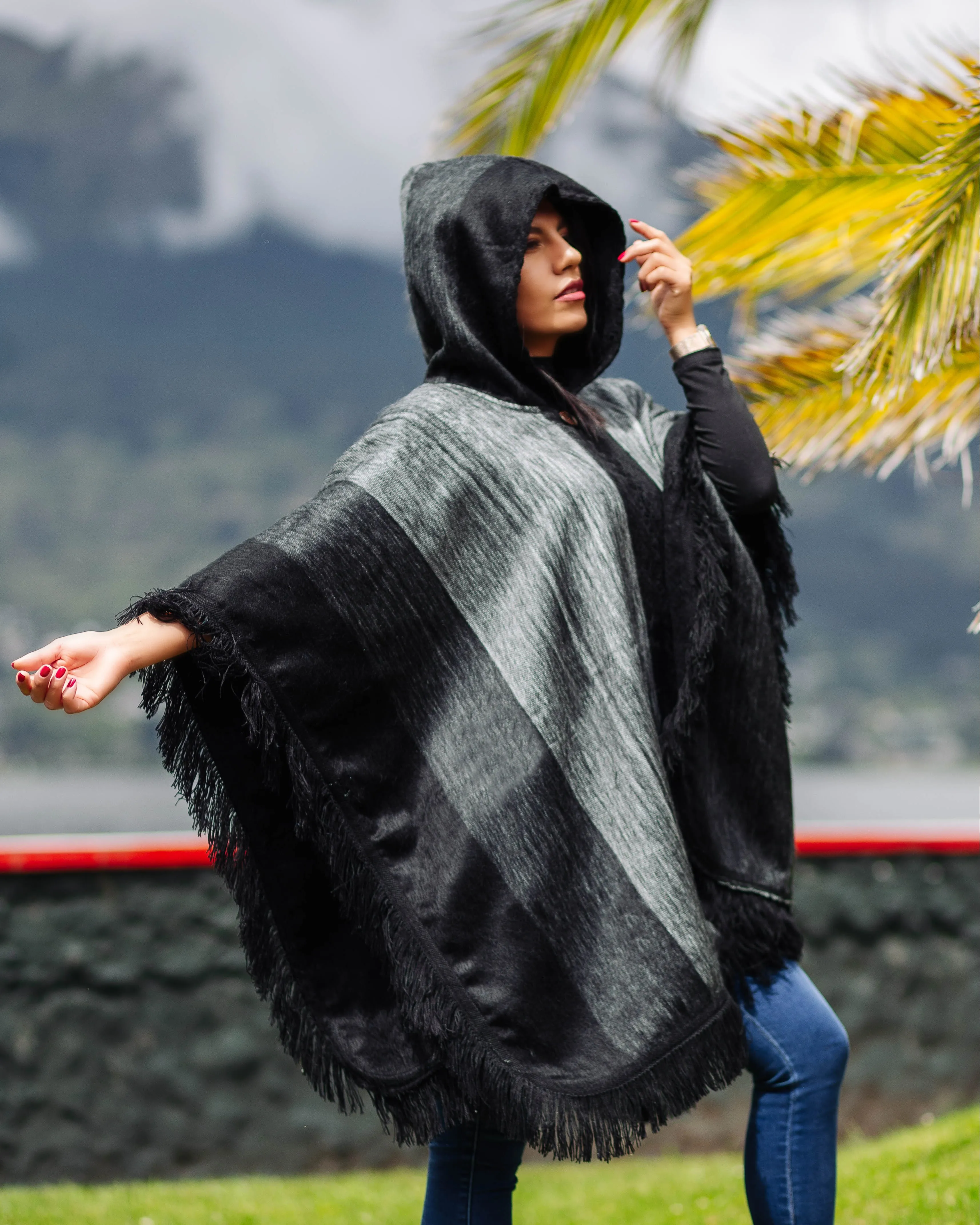 Black Alpaca Poncho With Hood