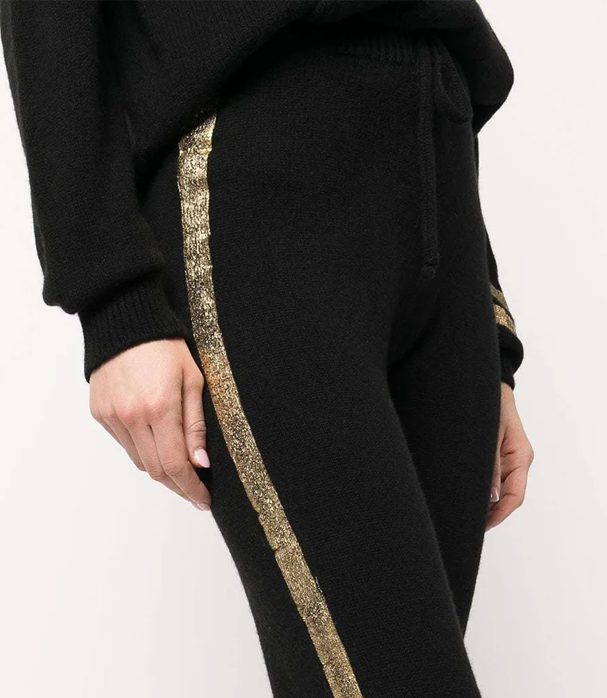 Black Cashmere Sweat Pants W/ Gold Laminated Bands