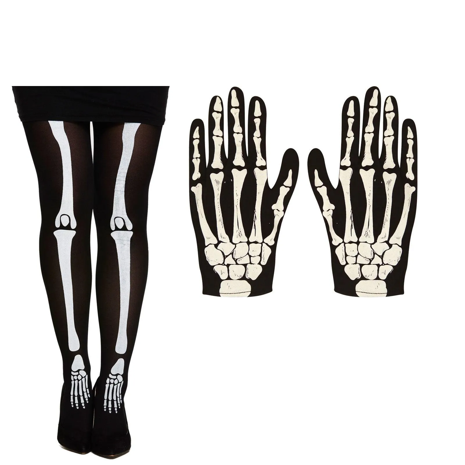 Black Skeleton Tights White Bone Print with Gloves Ladies Girls Halloween Fancy Dress 2 Pcs Set