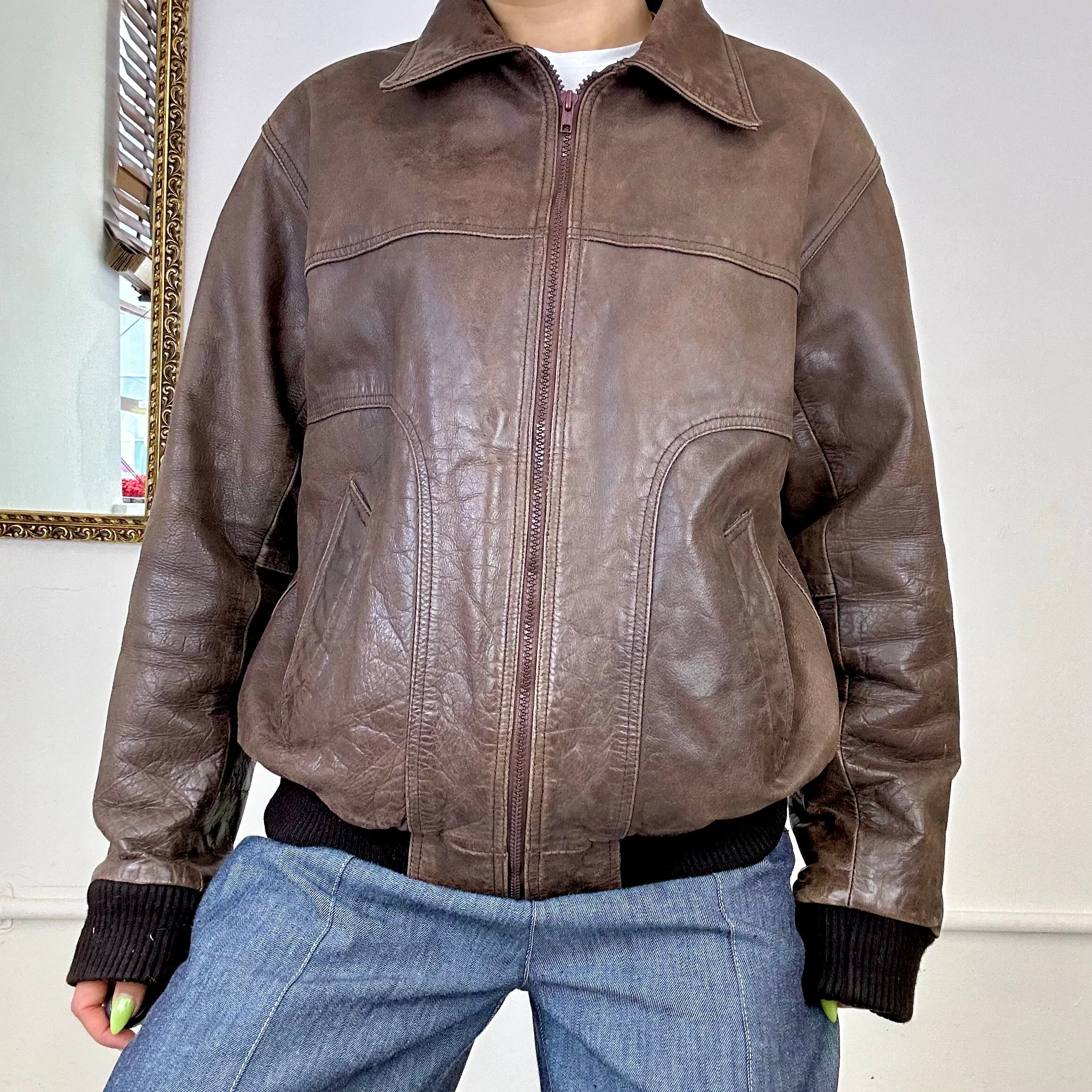 brown oversized leather jacket