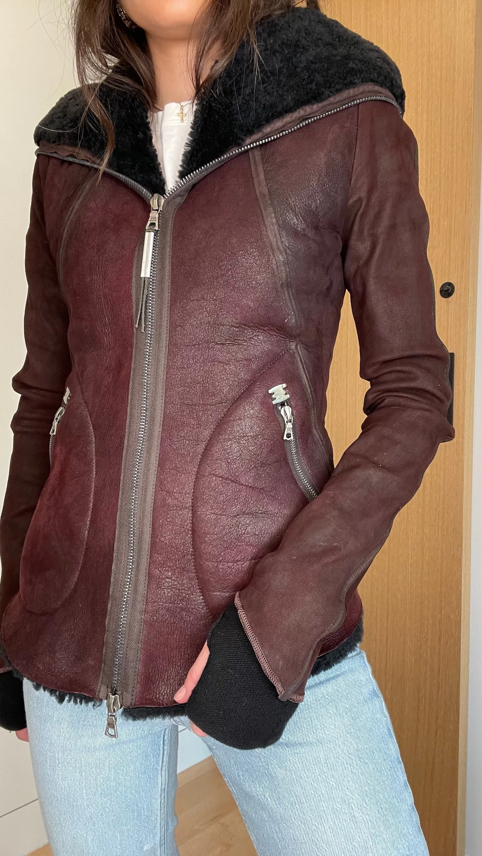 Burgundy Suede & Shearling Jacket - XS