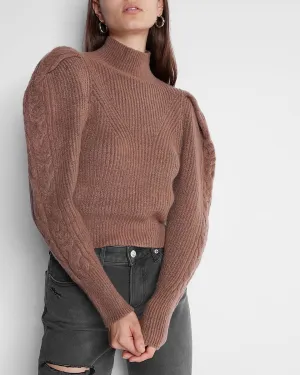 Cable Knit Puff Sleeve Open Back Sweater in Light Mocha