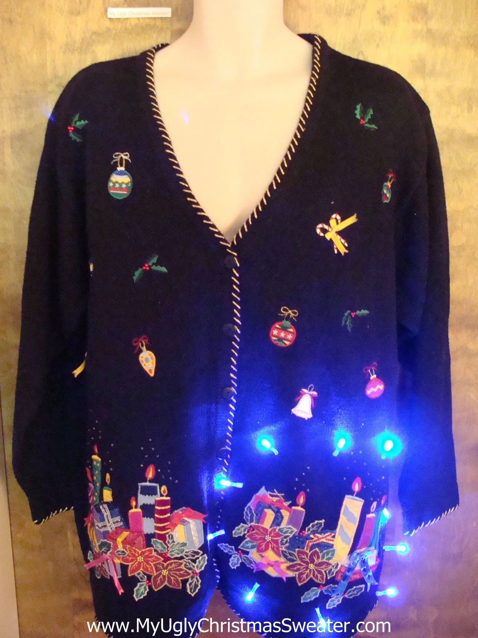 Candles and Floating Stuff Light Up Ugly Xmas Sweater