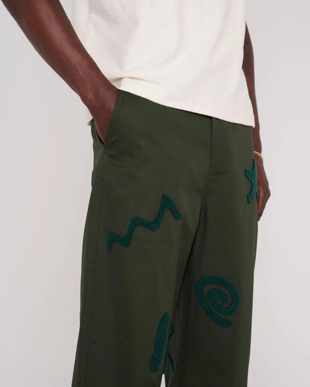 Chenille Symbols Four Pocket Pant, Deep Green