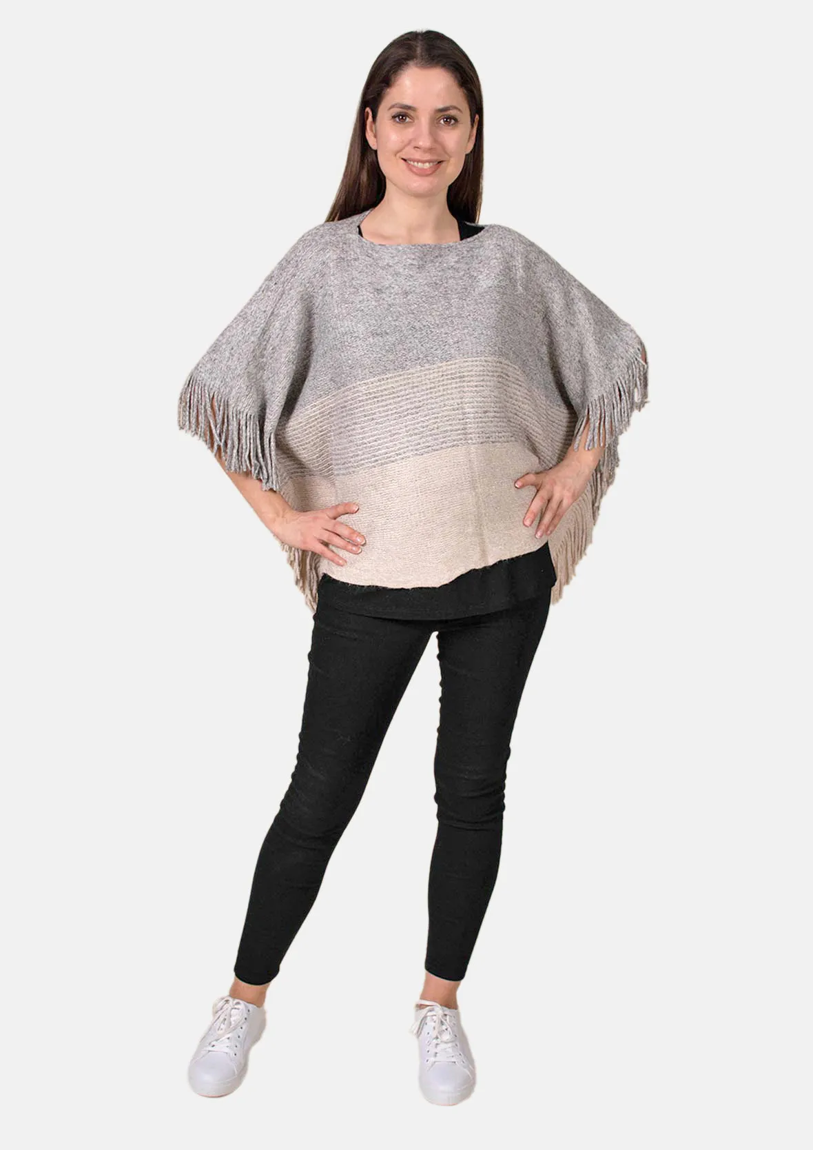 Colourblock Poncho With Fringe Trim