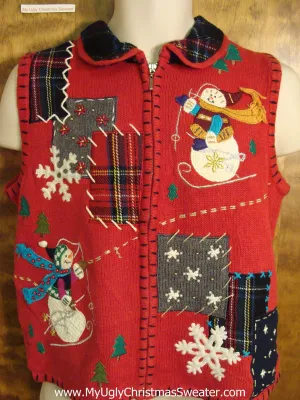 Crafty Red Ugly Christmas Sweater Vest with Plaid Patchwork