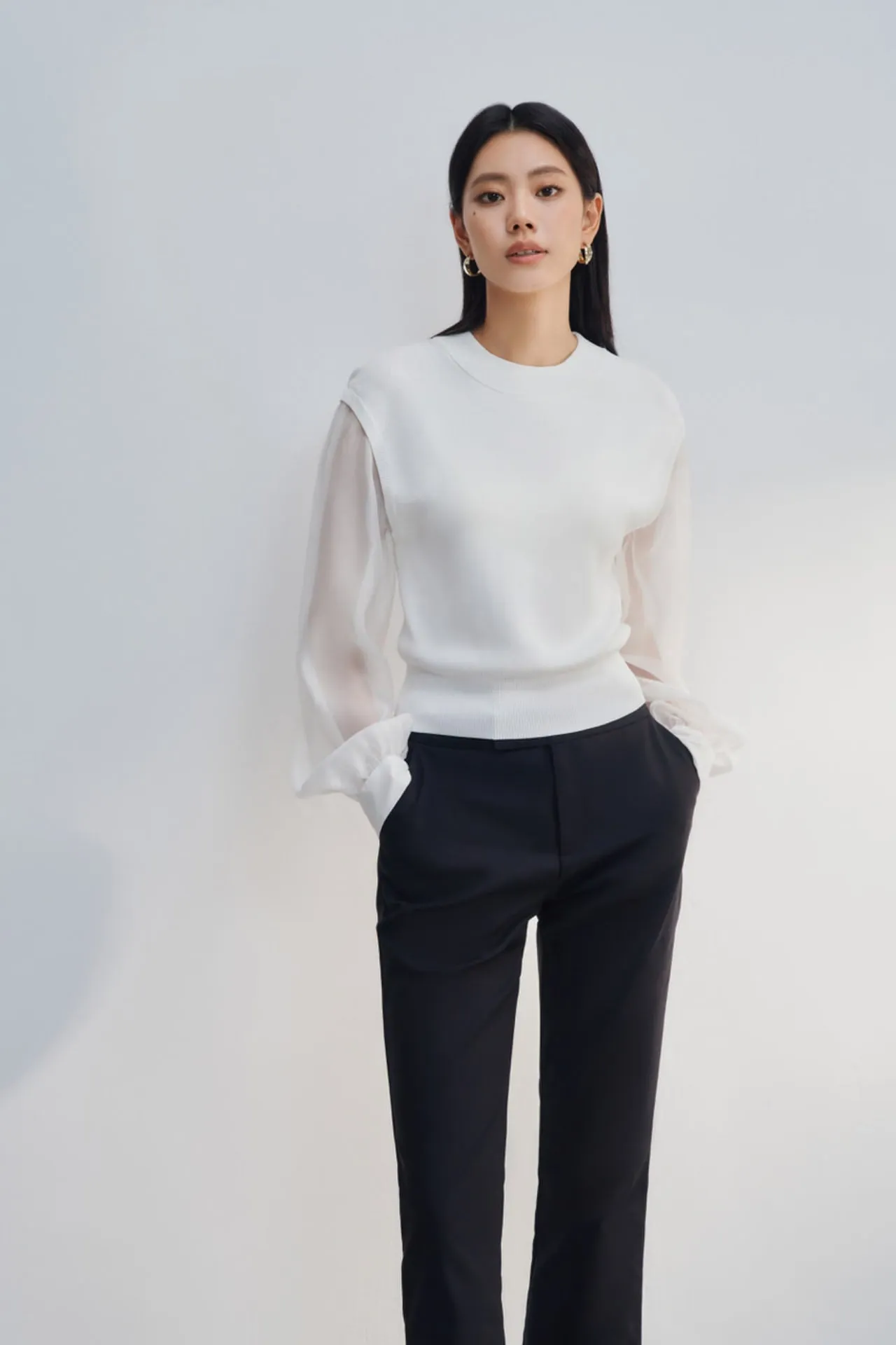 Crew Neck Organza Puff Sleeves Sweater Top