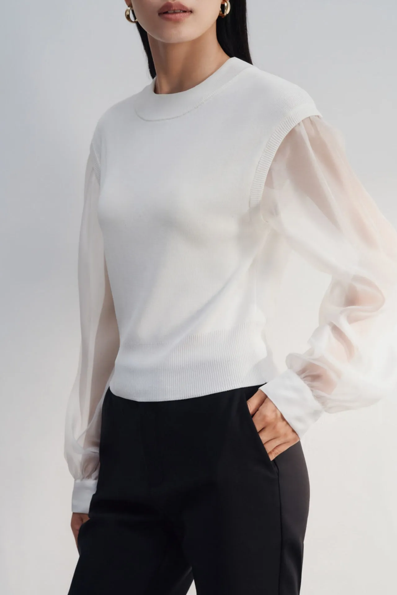 Crew Neck Organza Puff Sleeves Sweater Top