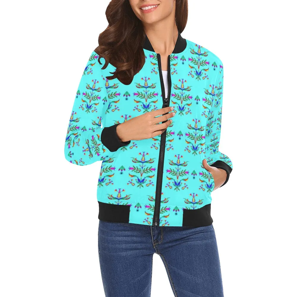 Dakota Damask Turquoise All Over Print Bomber Jacket for Women