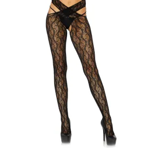 Floral Lace Crotchless Tights Black - Leg Avenue