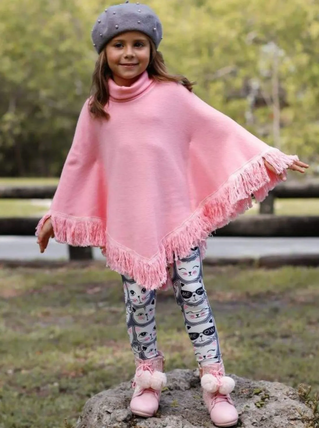 Girls Pink Turtle Neck Sweater Fringe Poncho And Kitty Print Legging Set