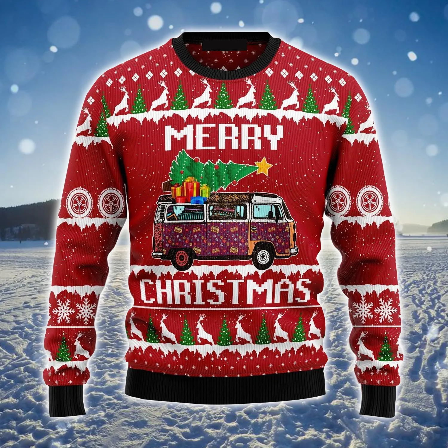 Hippie Car Ugly Sweater, Christmas Pattern Red Ugly Sweater For Men & Women, Perfect Gift For Camping Hippie Lover