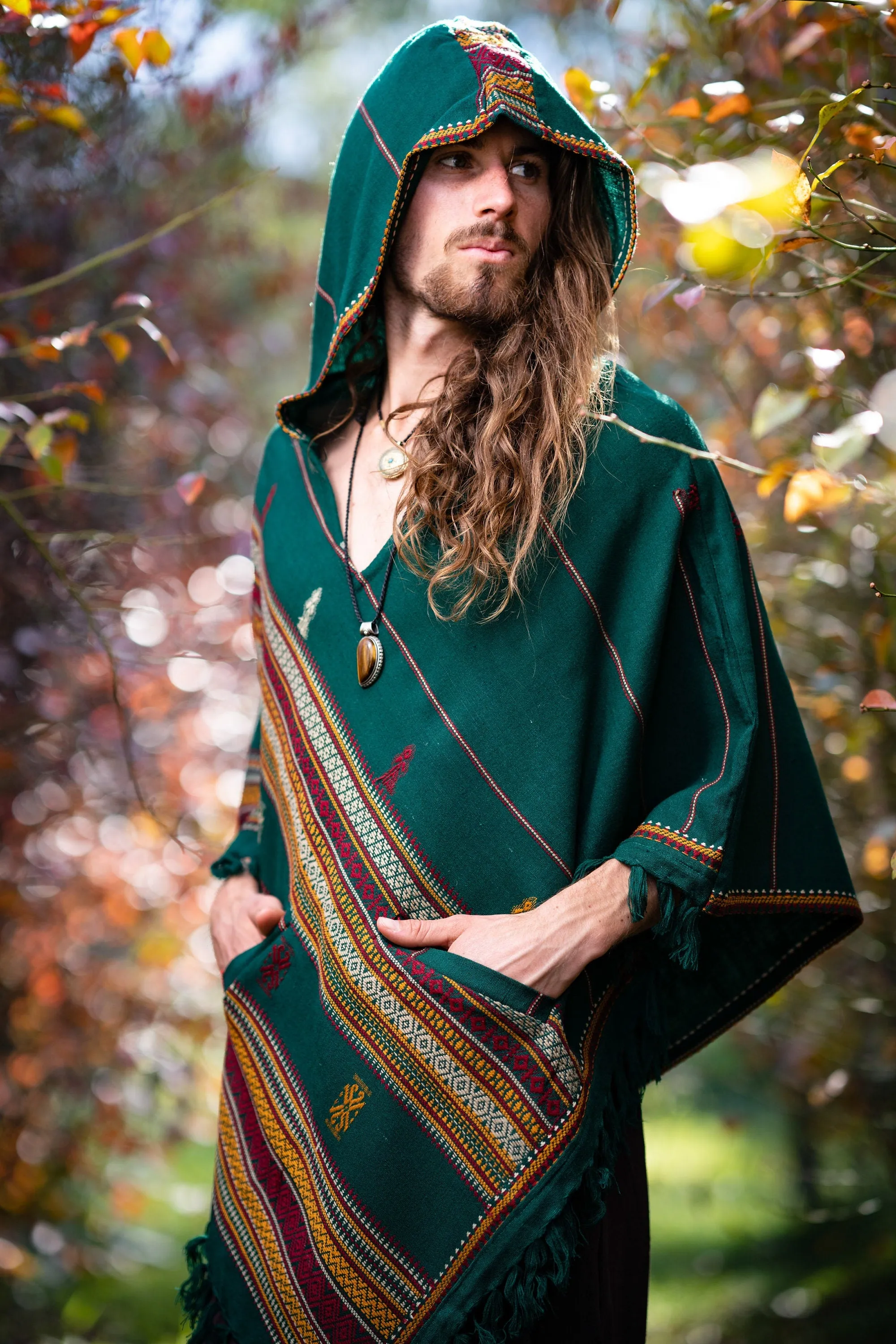 HODDI Mens Hooded Poncho Green Cashmere and Acrylic Wool Pockets Tribal Embroidery Celtic Festival Rave Mexican Primitive Large Hood AJJAYA