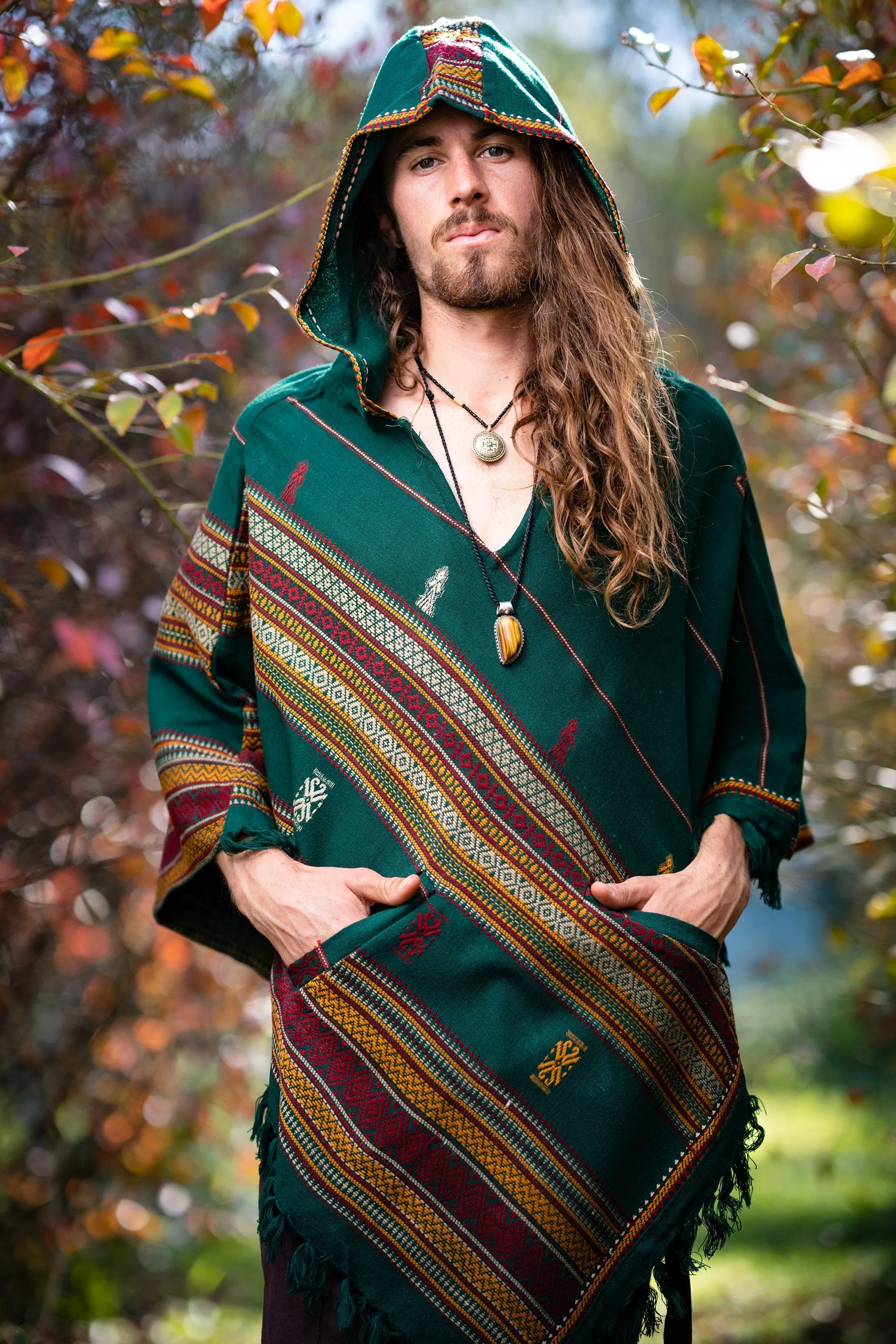 HODDI Mens Hooded Poncho Green Cashmere and Acrylic Wool Pockets Tribal Embroidery Celtic Festival Rave Mexican Primitive Large Hood AJJAYA