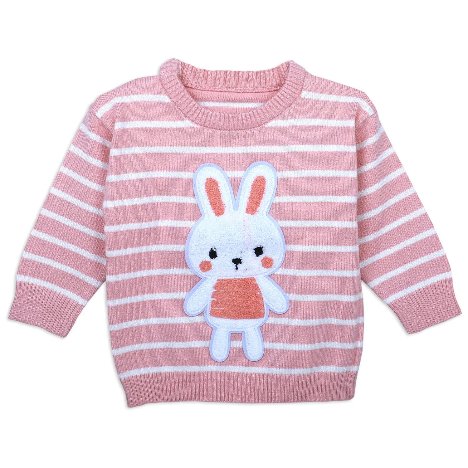 Hopping Rabbit Striped Premium Full Sleeves Knitted Sweater - Pink