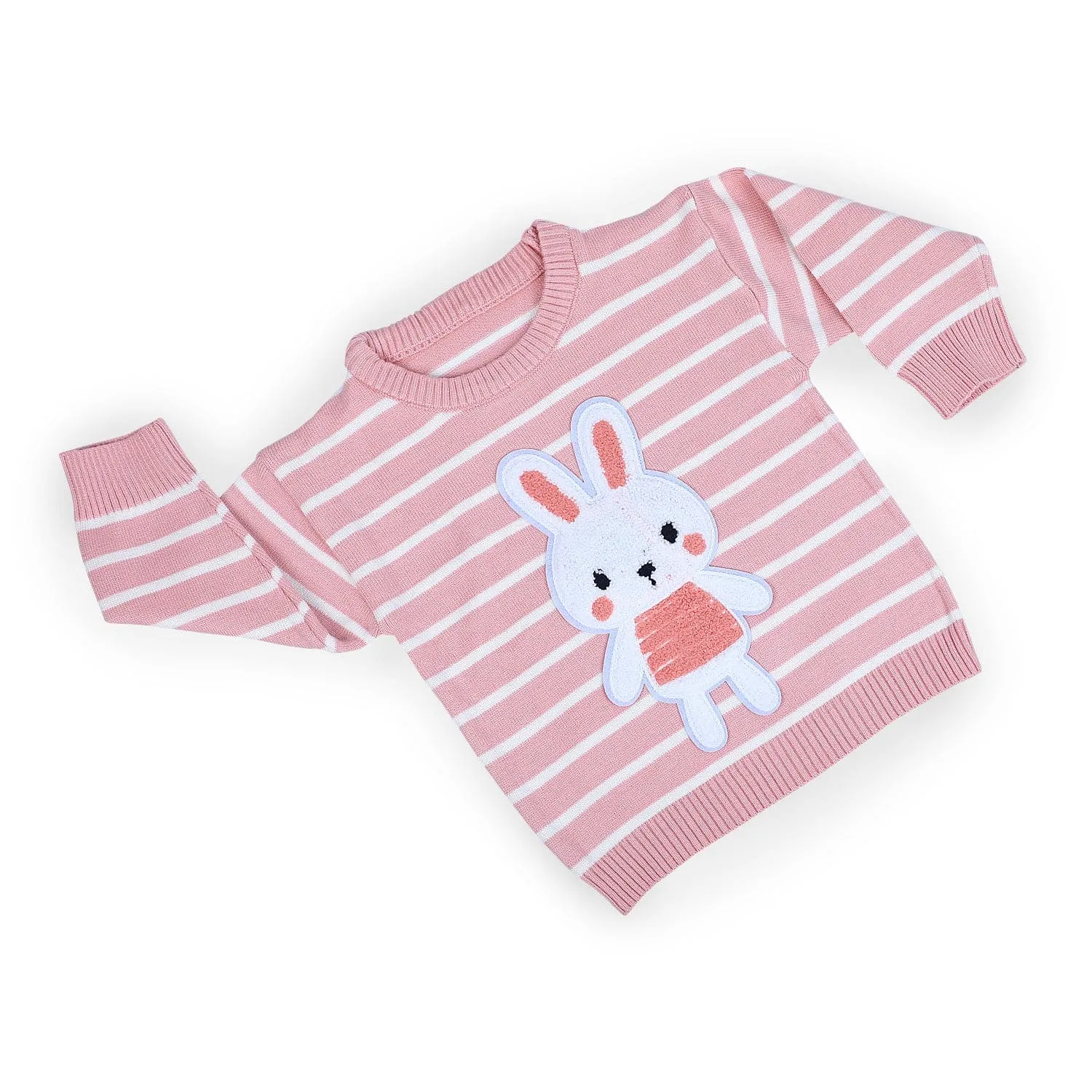 Hopping Rabbit Striped Premium Full Sleeves Knitted Sweater - Pink