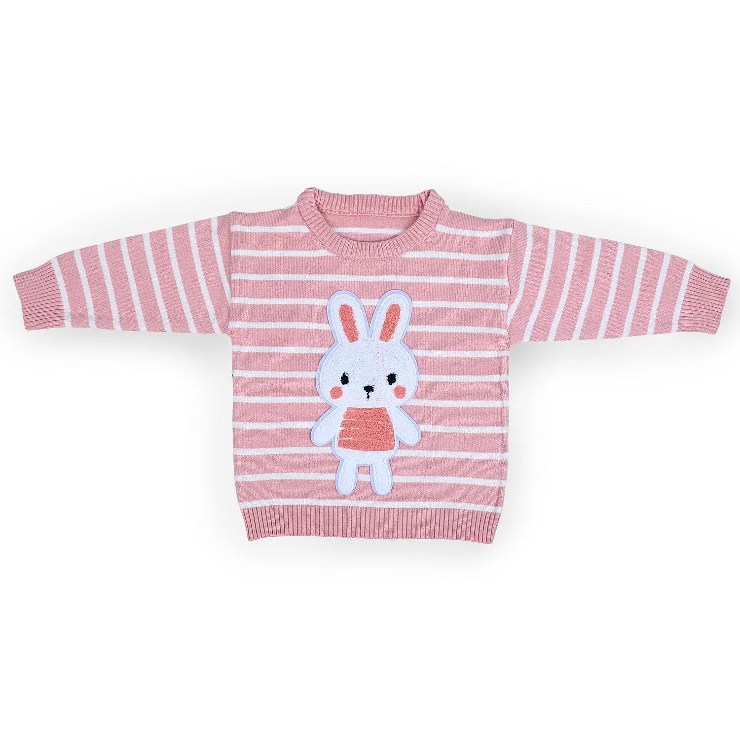 Hopping Rabbit Striped Premium Full Sleeves Knitted Sweater - Pink