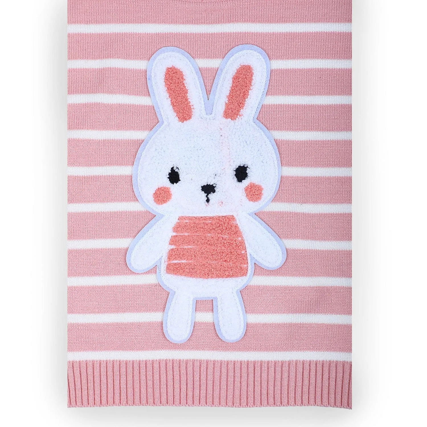 Hopping Rabbit Striped Premium Full Sleeves Knitted Sweater - Pink