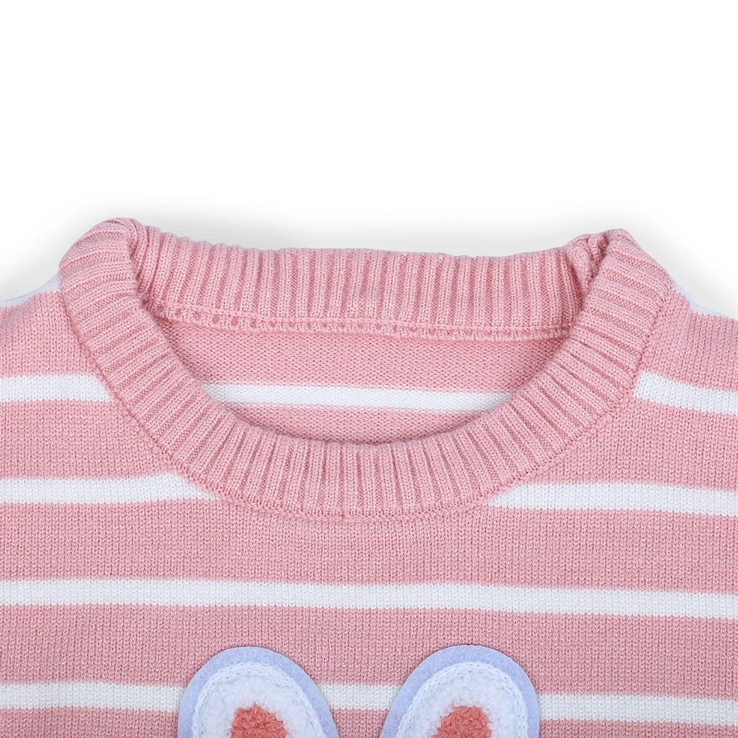 Hopping Rabbit Striped Premium Full Sleeves Knitted Sweater - Pink