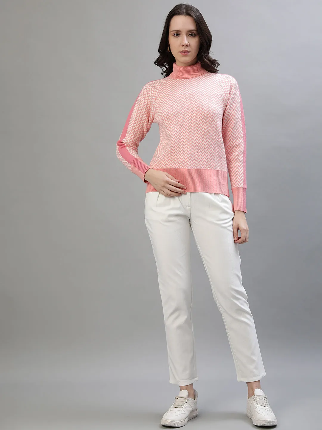 Iconic Women Pink Printed Turtle Neck Full Sleeves Sweater