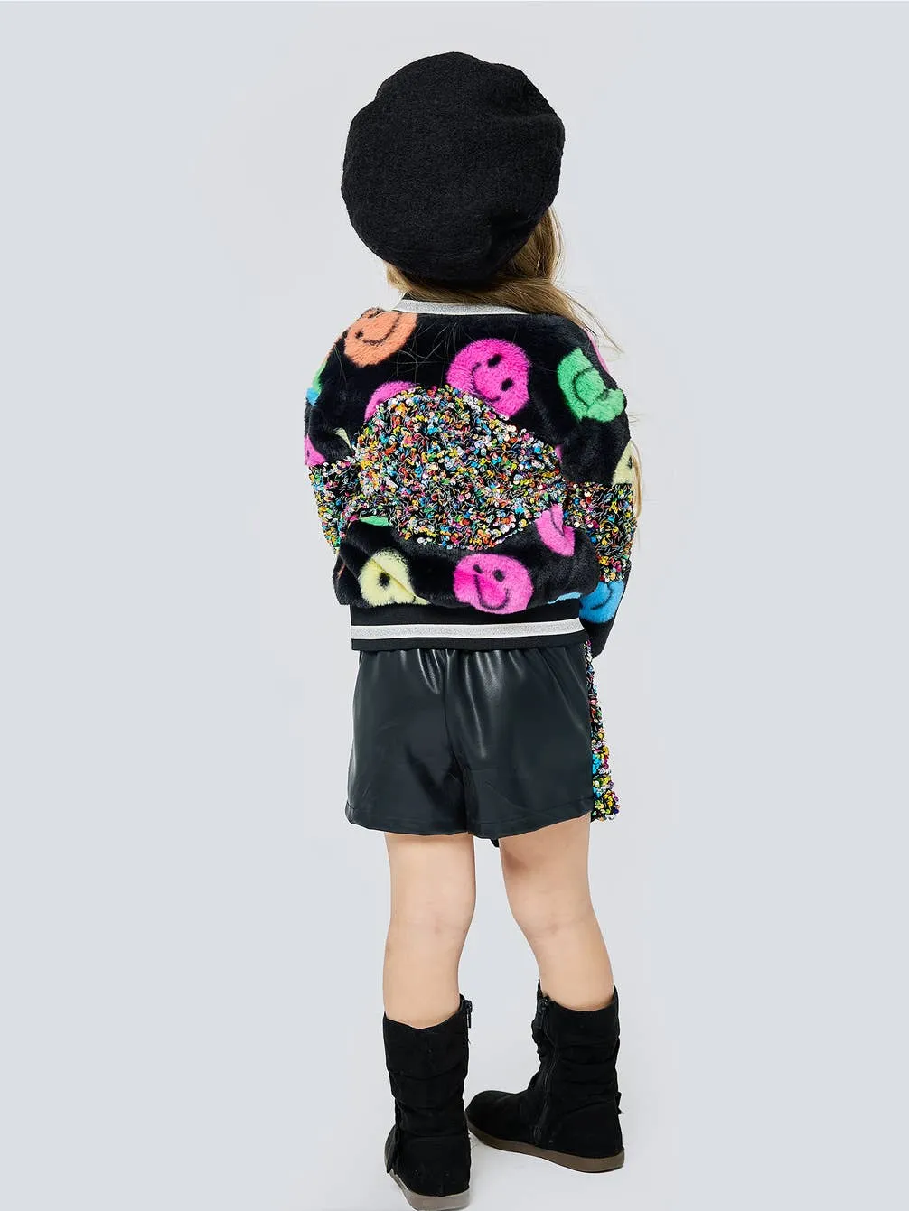 Infant l Toddler l Little l Big Girl’s Rainbow Happy Emoji Sequin Bomber Jacket