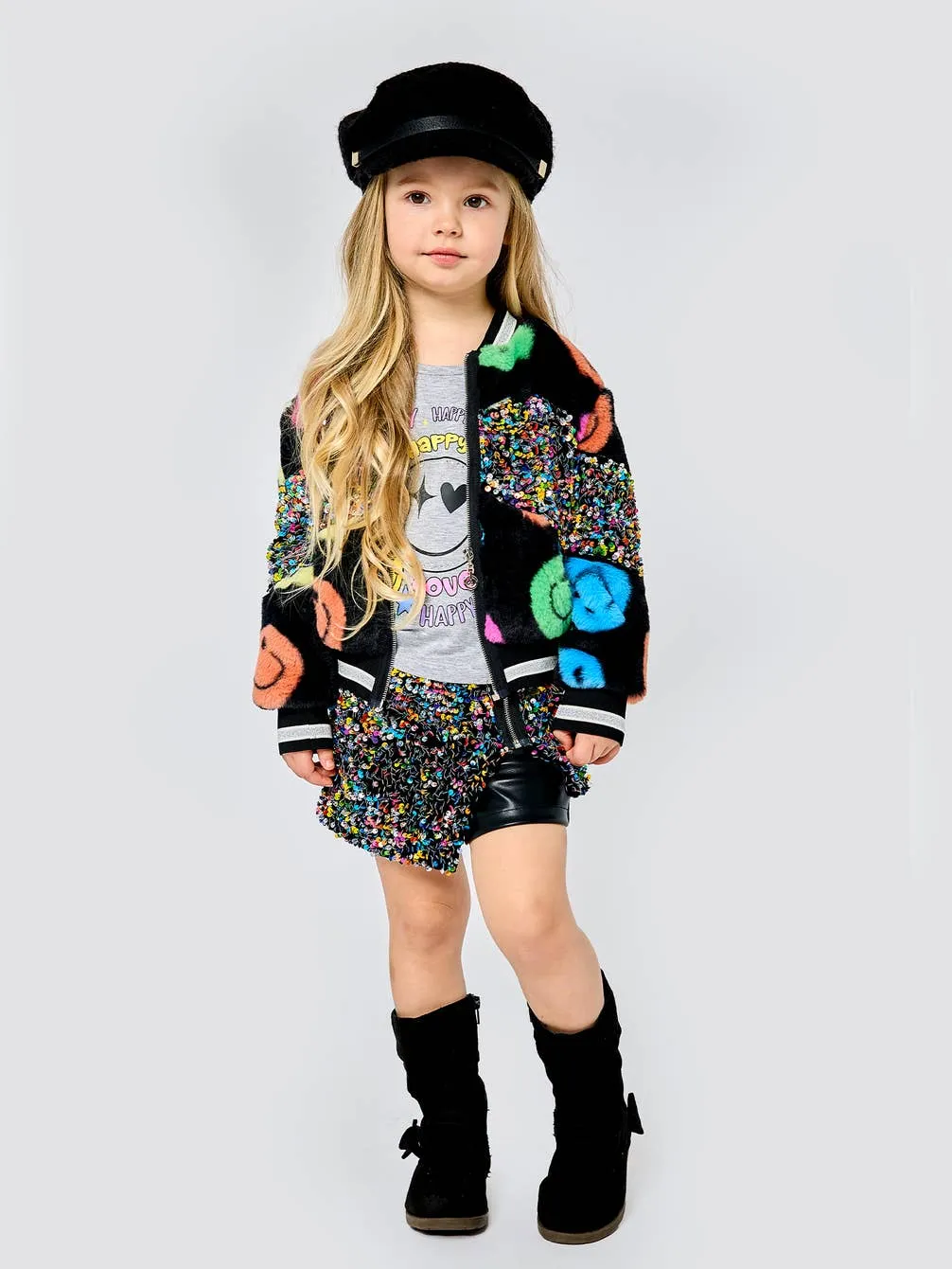 Infant l Toddler l Little l Big Girl’s Rainbow Happy Emoji Sequin Bomber Jacket