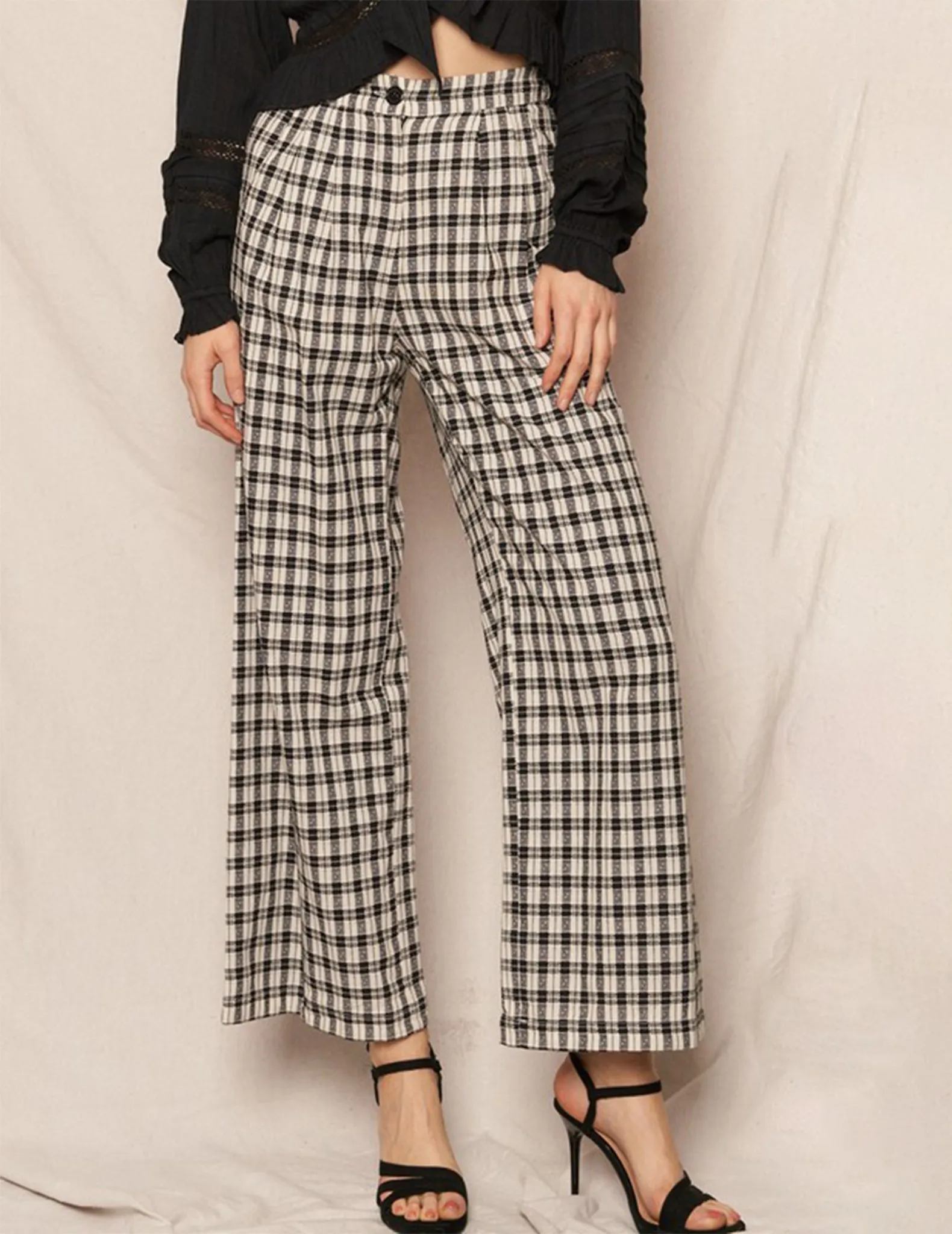 Ione Black   White Plaid Cotton Trousers