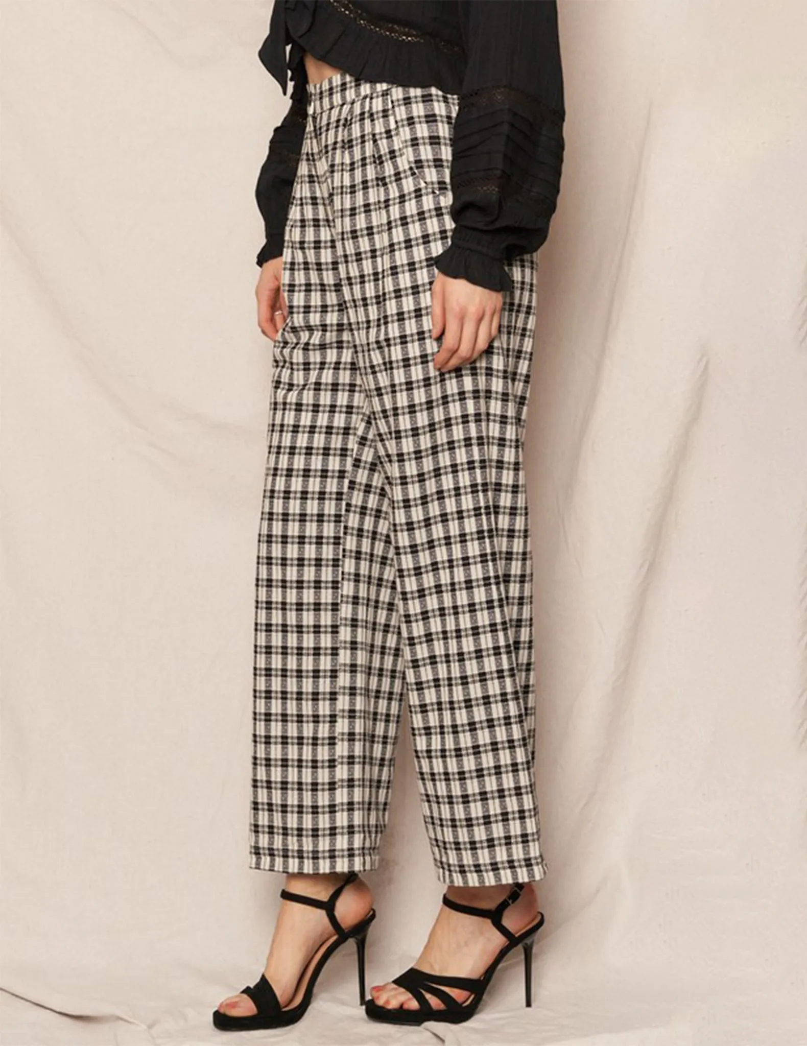 Ione Black   White Plaid Cotton Trousers