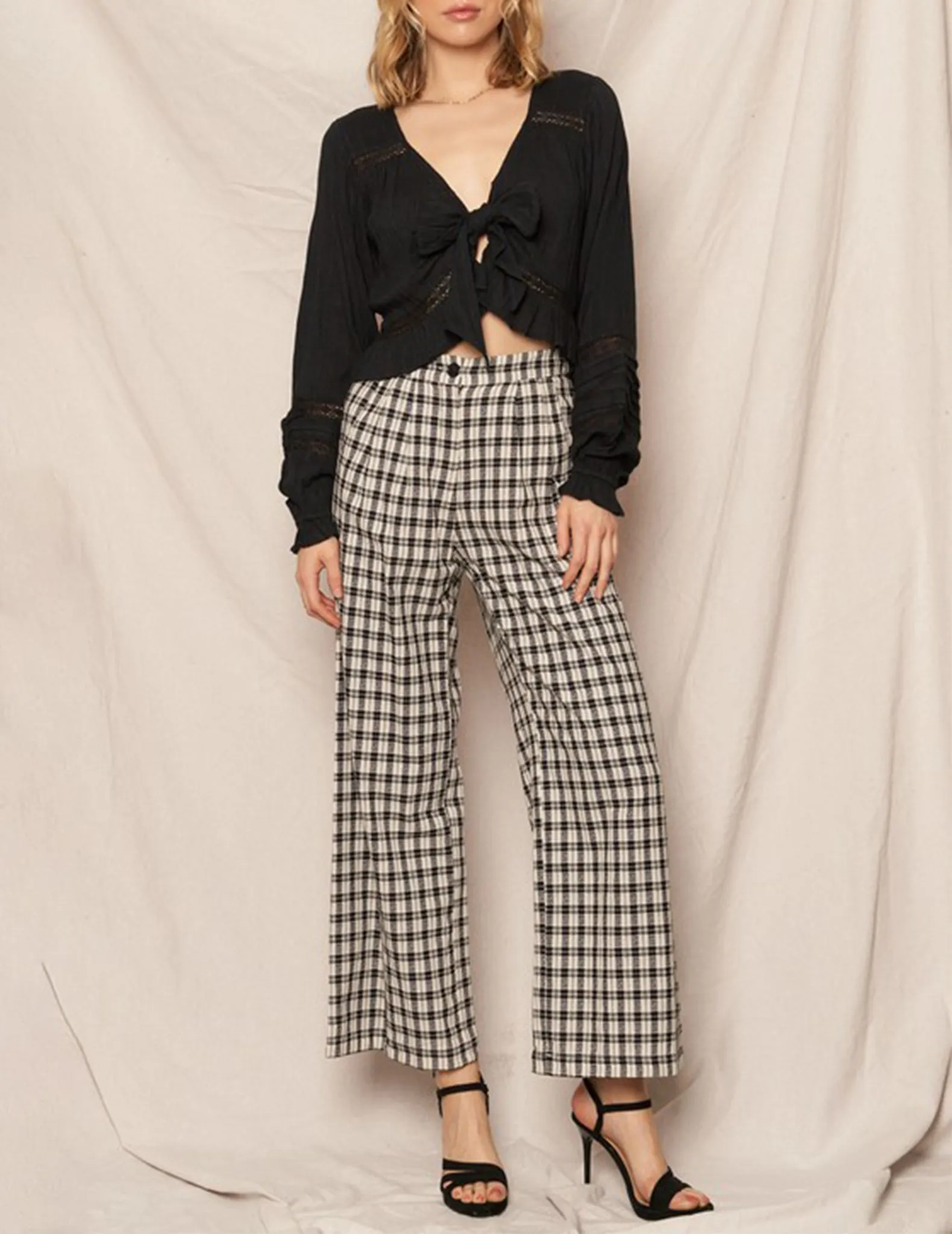 Ione Black   White Plaid Cotton Trousers