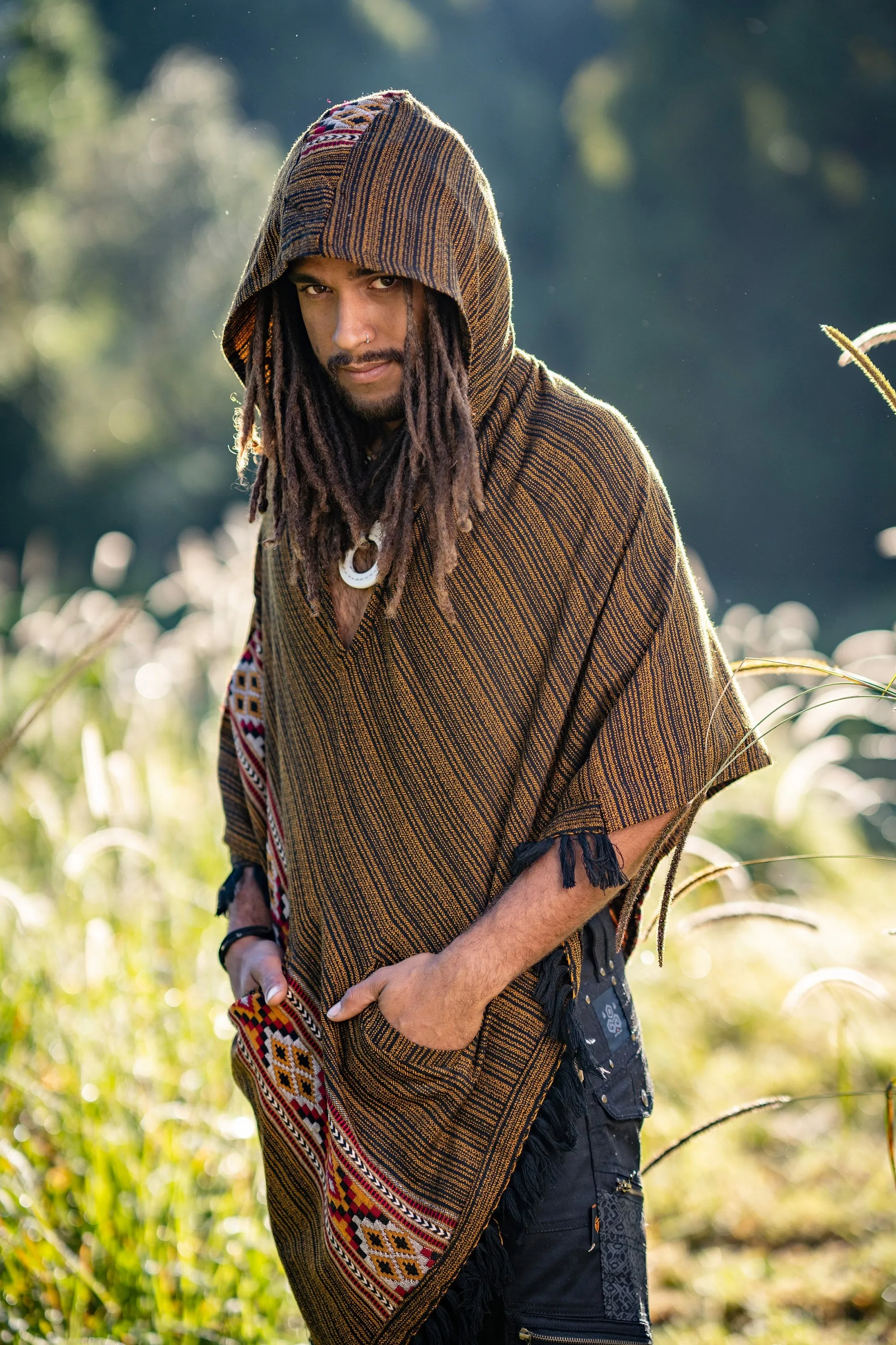 JHANA Hooded Poncho with Pockets Golden Black Cashmere Yak Wool and Acrylic Wool Handmade Celtic Embroidery Primitive Festival AJJAYA Mens