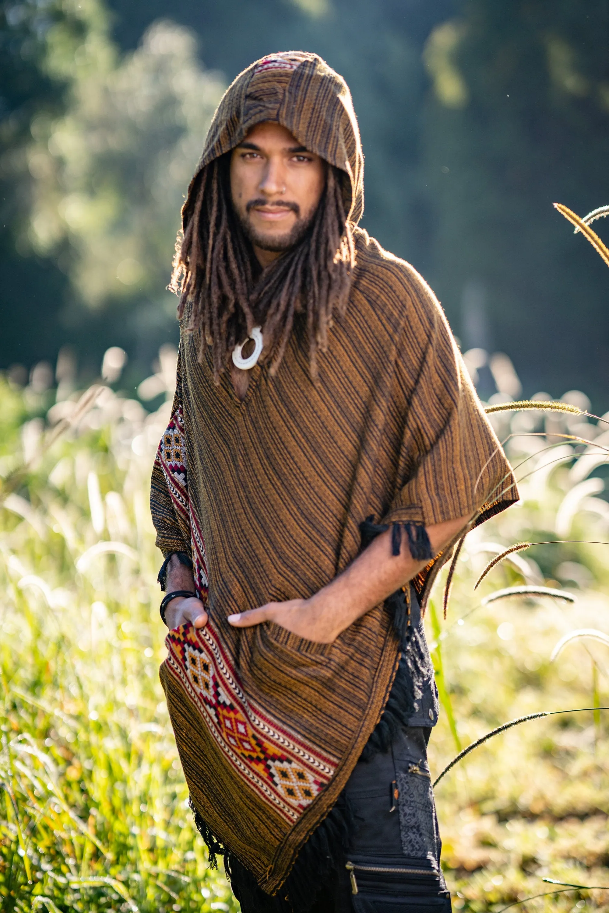 JHANA Hooded Poncho with Pockets Golden Black Cashmere Yak Wool and Acrylic Wool Handmade Celtic Embroidery Primitive Festival AJJAYA Mens