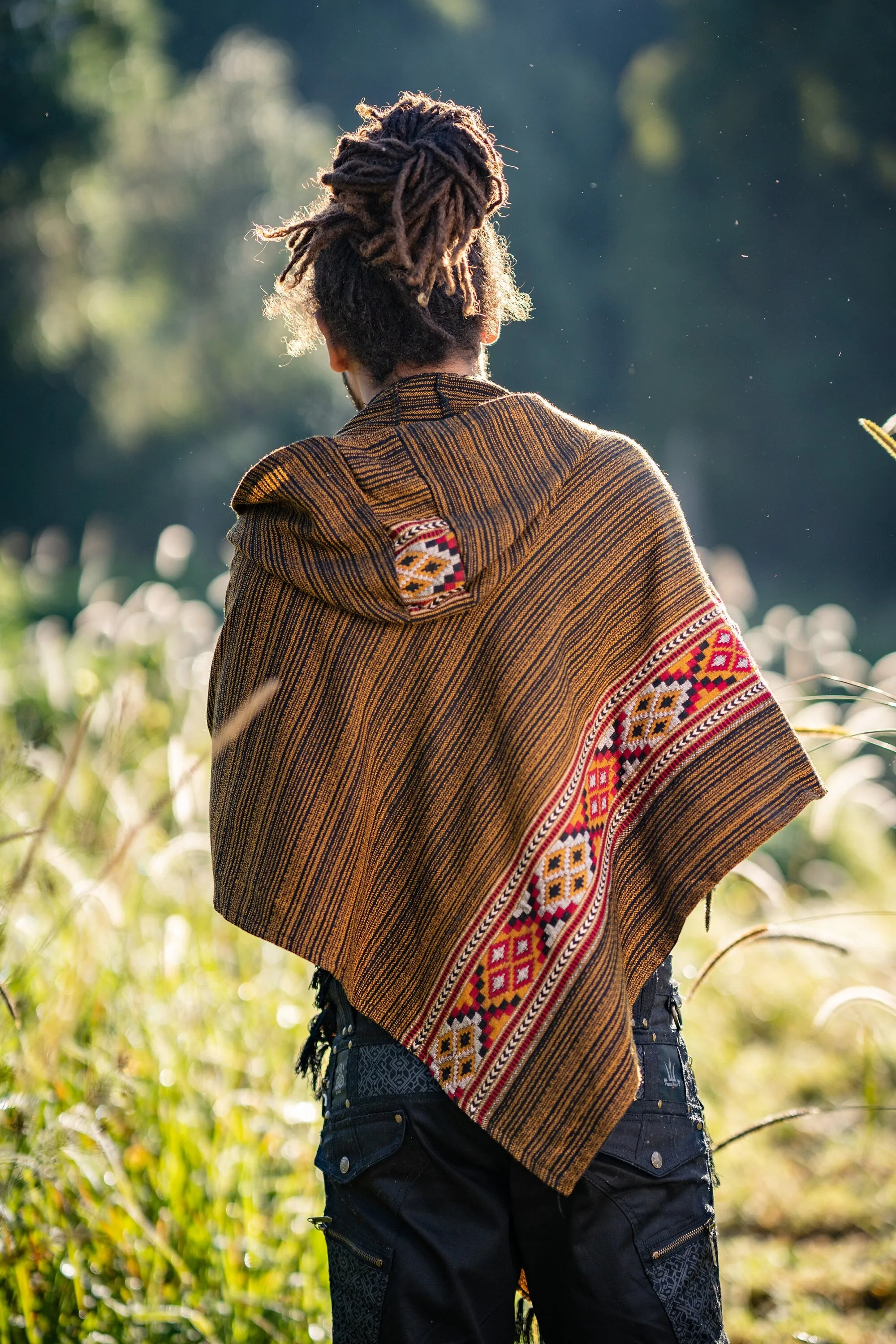 JHANA Hooded Poncho with Pockets Golden Black Cashmere Yak Wool and Acrylic Wool Handmade Celtic Embroidery Primitive Festival AJJAYA Mens