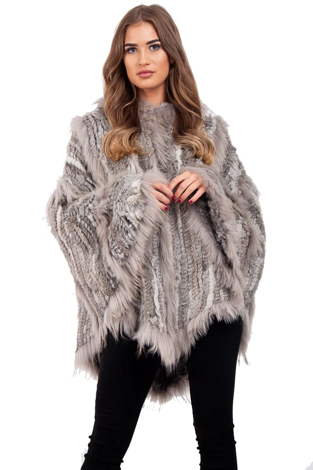 Knitted Rabbit Fur Hooded Swing Cape Poncho