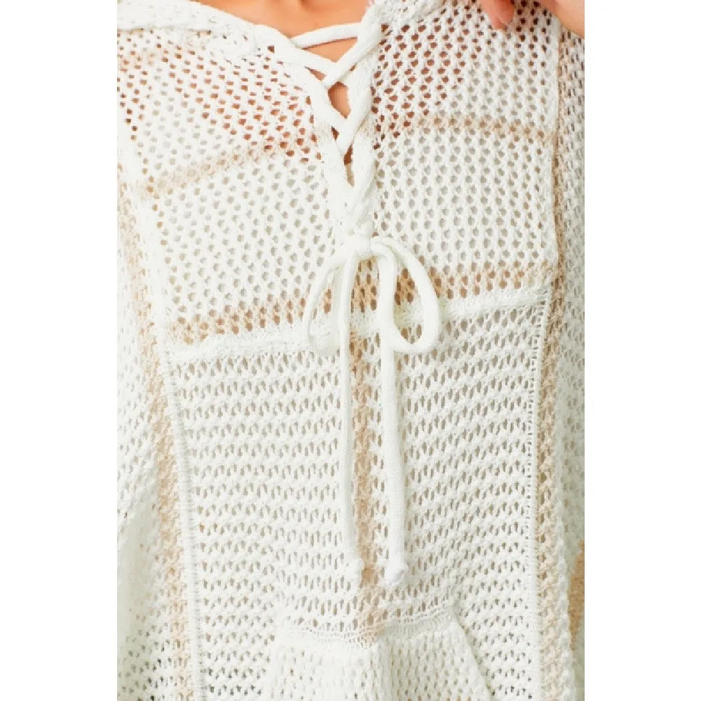 Lace Up Neck Hoodie Poncho