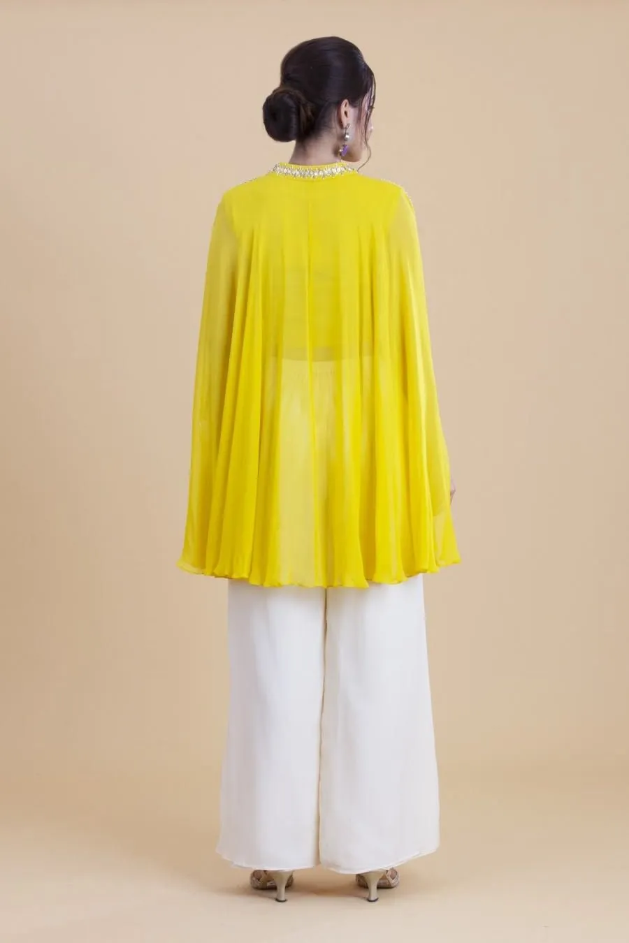 Lemon Yellow Georgette Cape Style Top And Palazzo Set