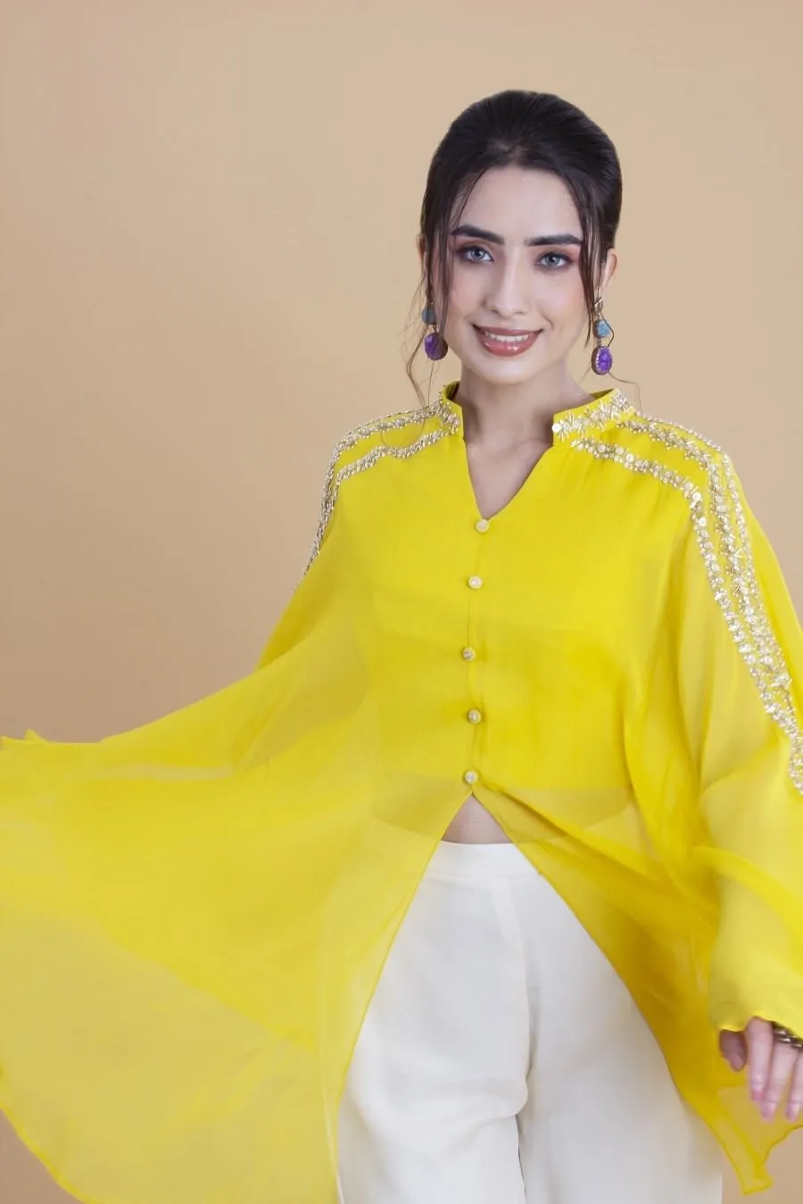 Lemon Yellow Georgette Cape Style Top And Palazzo Set