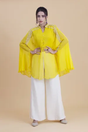 Lemon Yellow Georgette Cape Style Top And Palazzo Set